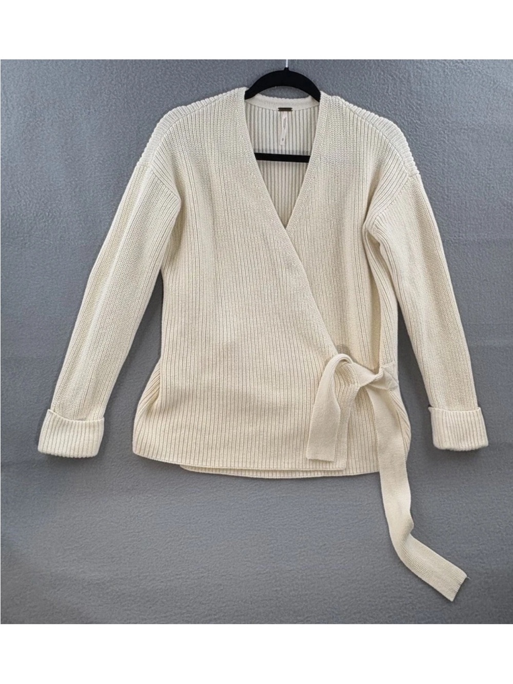 Free People V-Neck Small Knit Ivory Tie Waist Ribbed Sweater
